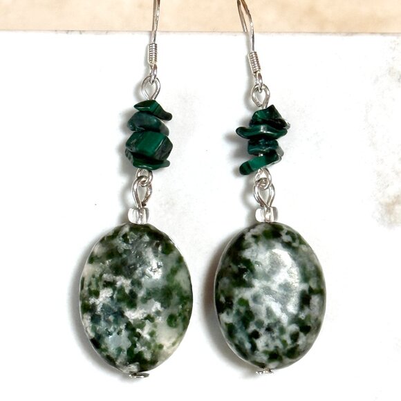2/$20, Genuine Green Tree Agate & Malachite Gemstone Sterling Silver Earrings - Picture 1 of 11